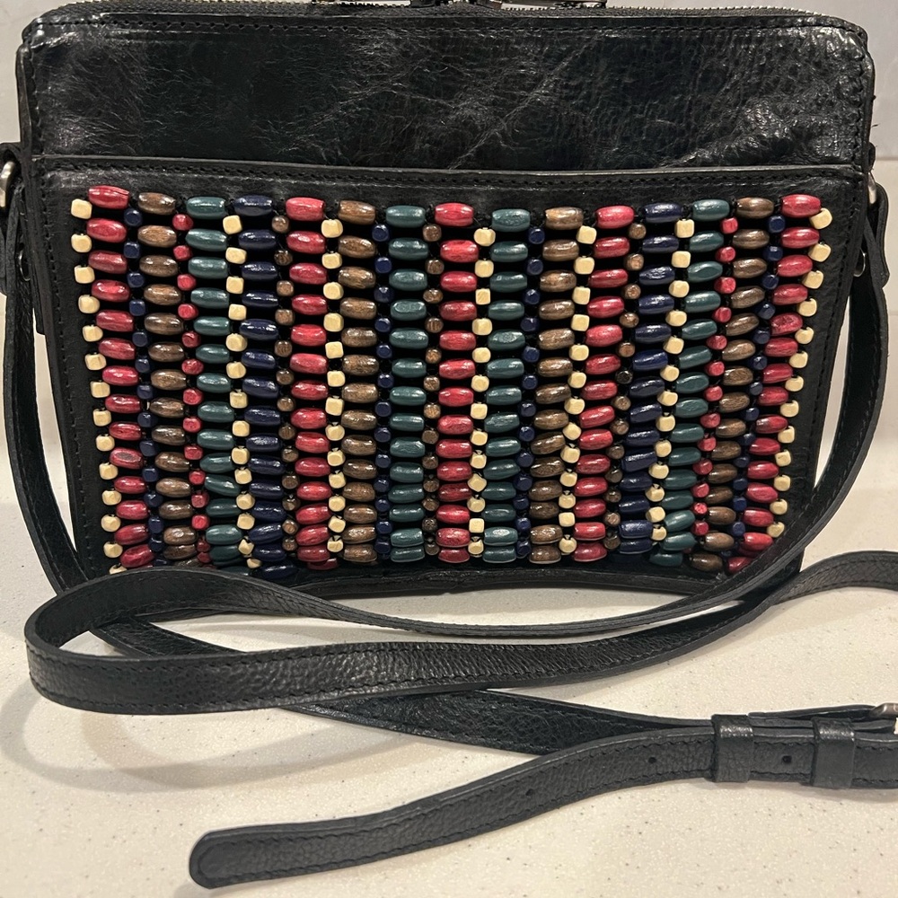Patricia Nash Quality Black Leather Shoulder/Crossbody Bag with Multicolor Beads